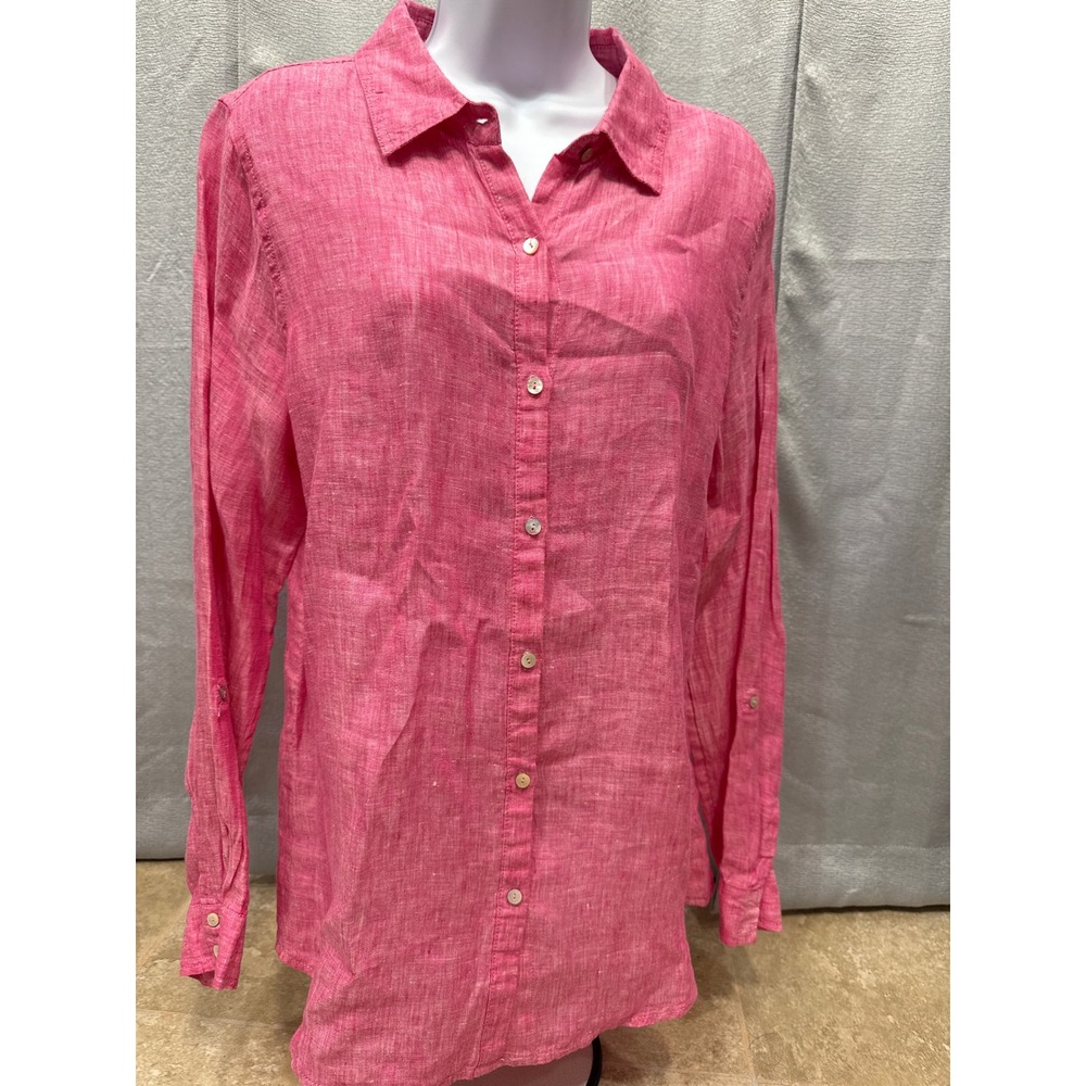 Jones New York Womens Large Pink 100% Linen Button Down Roll Tab Sleeve Shirt L